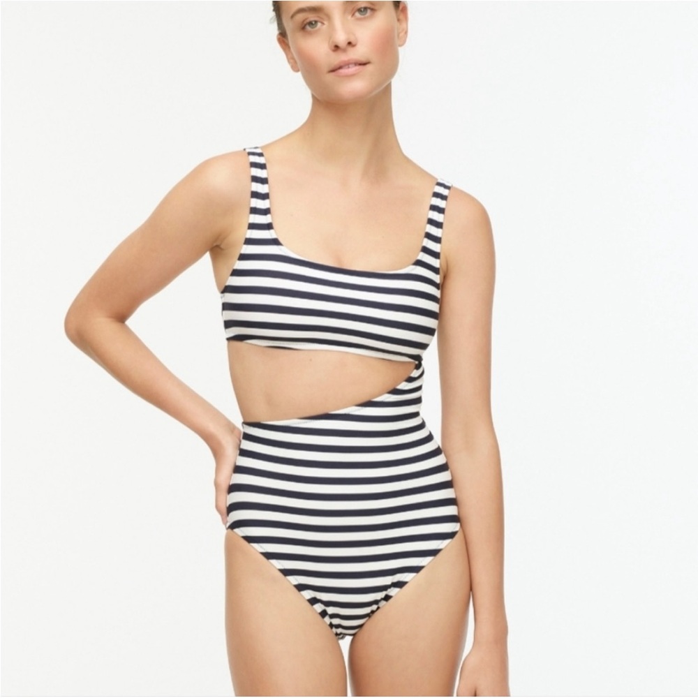 NWT J Crew Navy Striped Cut Out One Piece Swimsuit
